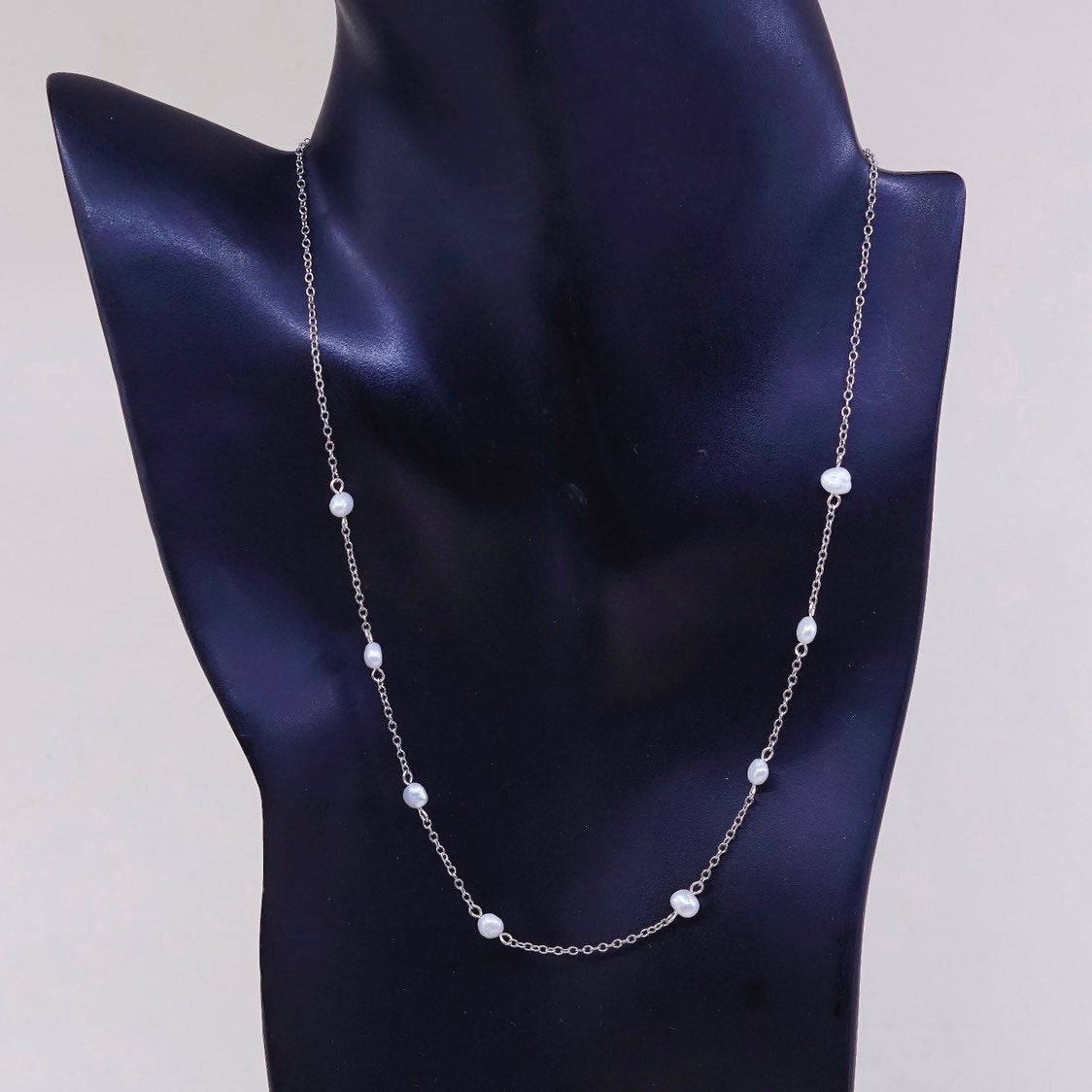 16+2", vtg handmade Sterling silver Circle link chain with pearl beads
