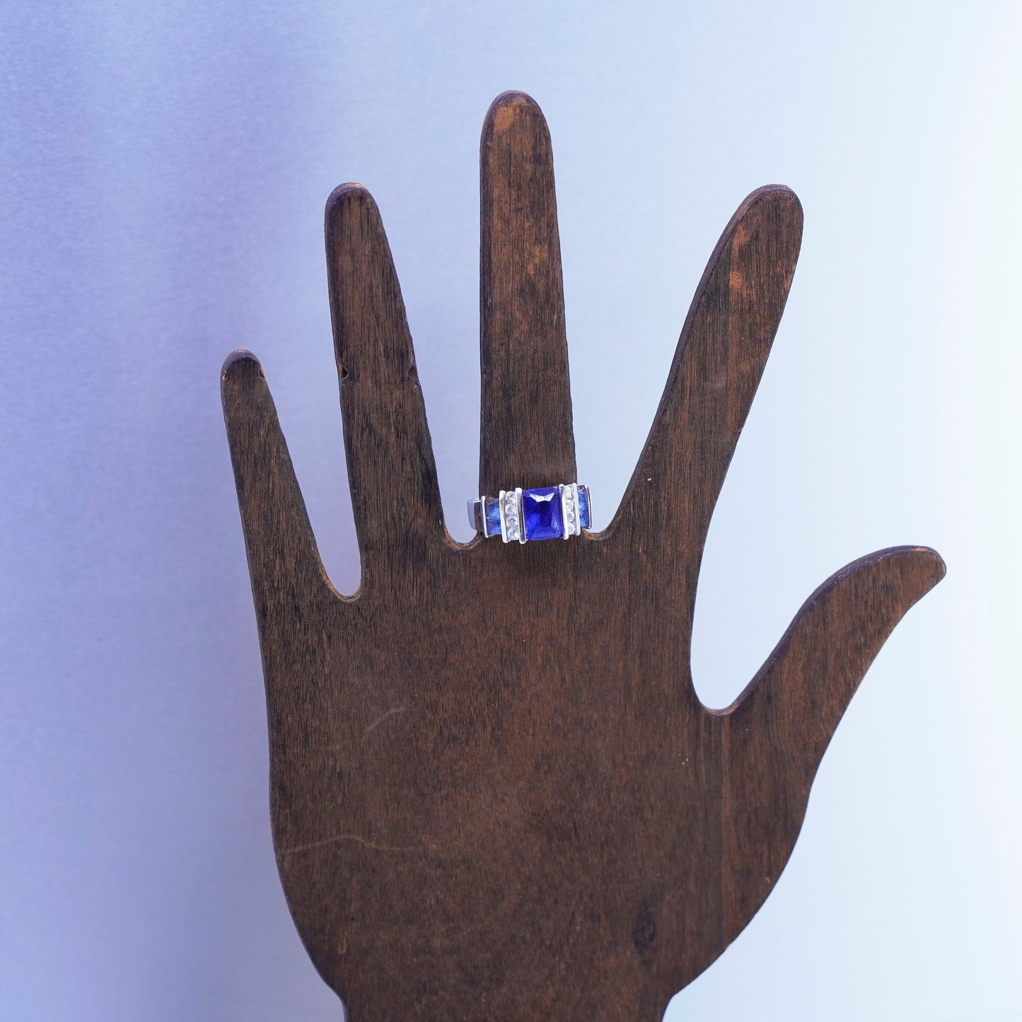 Size 7.5, vintage Sterling 925 silver handmade statement ring with blue crystal