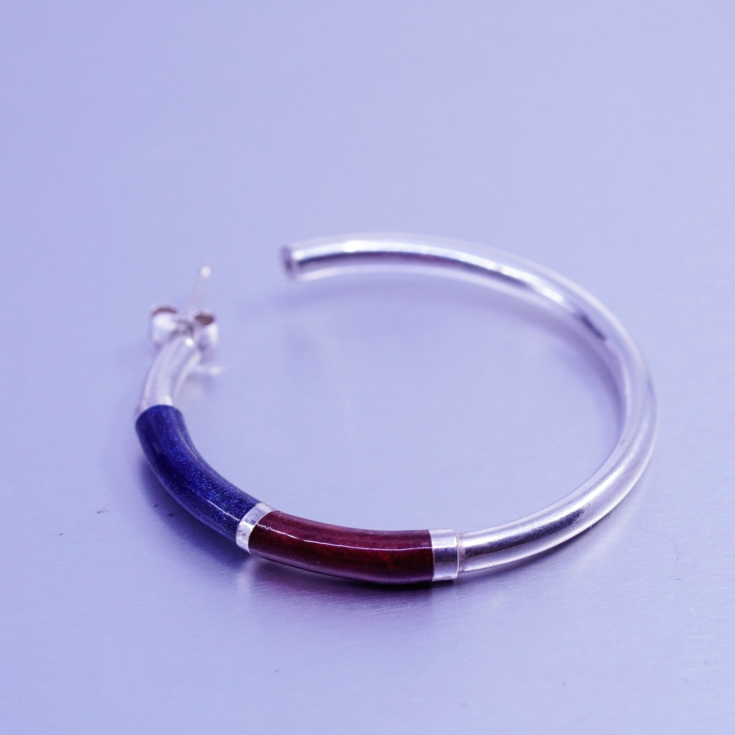 1.5”, vintage Italy Sterling silver handmade earrings, bold 925 hoops w/ enamel