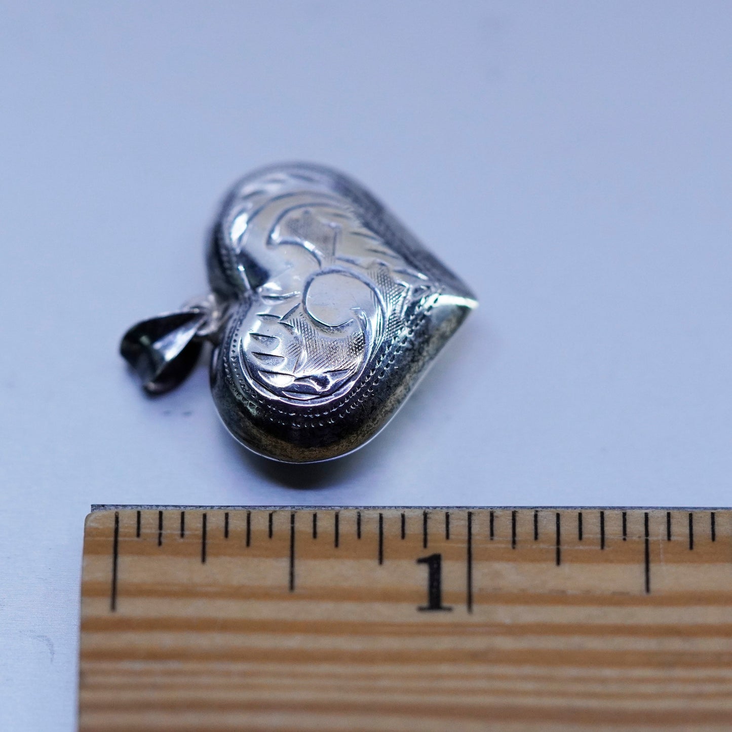 Vintage sterling 925 silver handmade textured puffy heart pendant