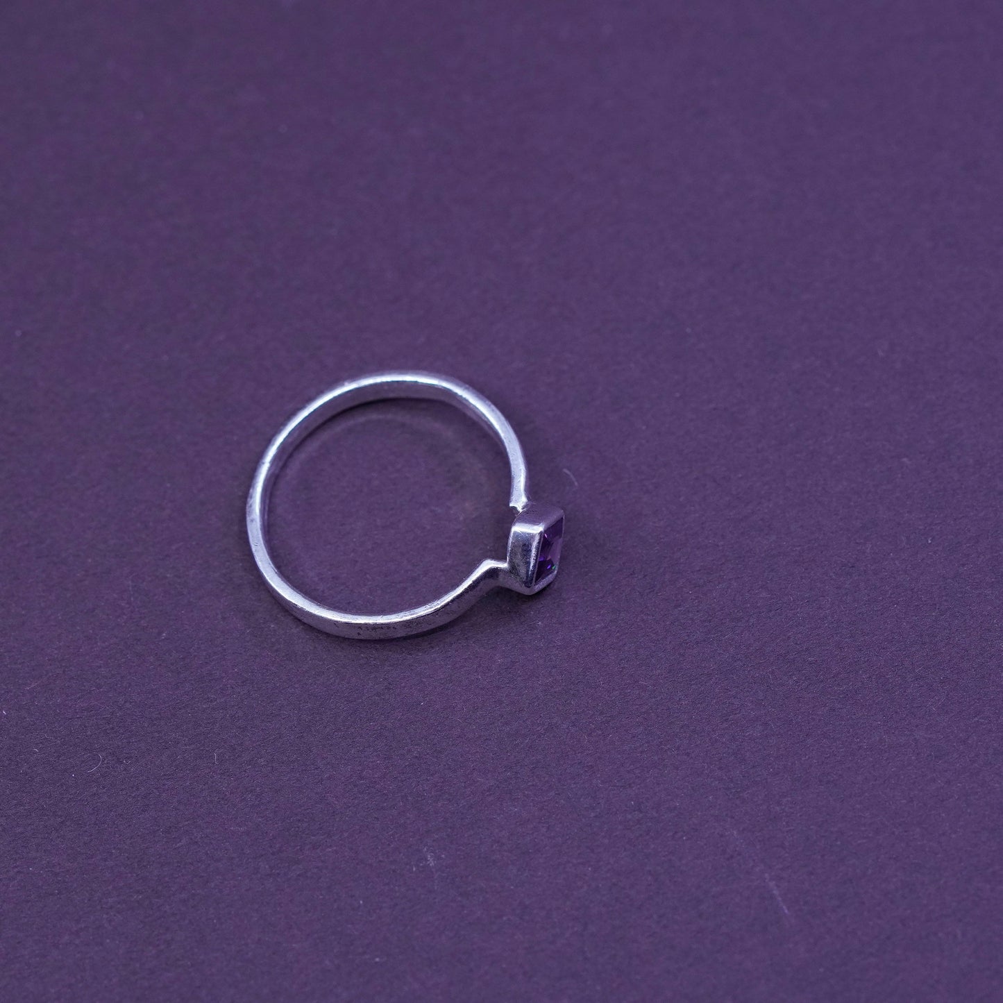 Size 7, Sterling 925 silver handmade stackable band ring with square amethyst