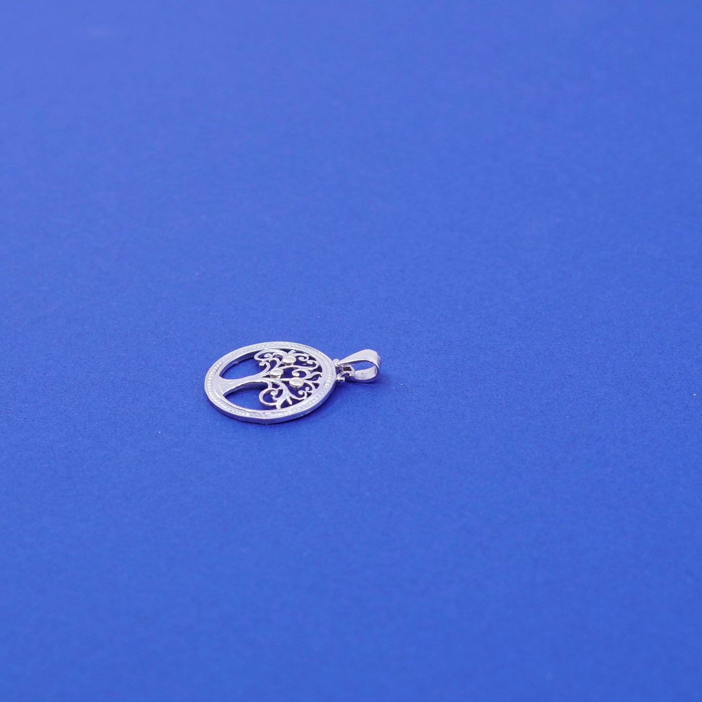 sterling silver handmade pendant, 925 circle w/ filigree tree 10K gold beads