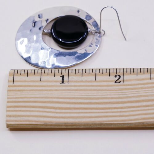 Vintage Sterling Silver Handmade Earrings, 925 Huge Hammered Circle W/ Obsidian