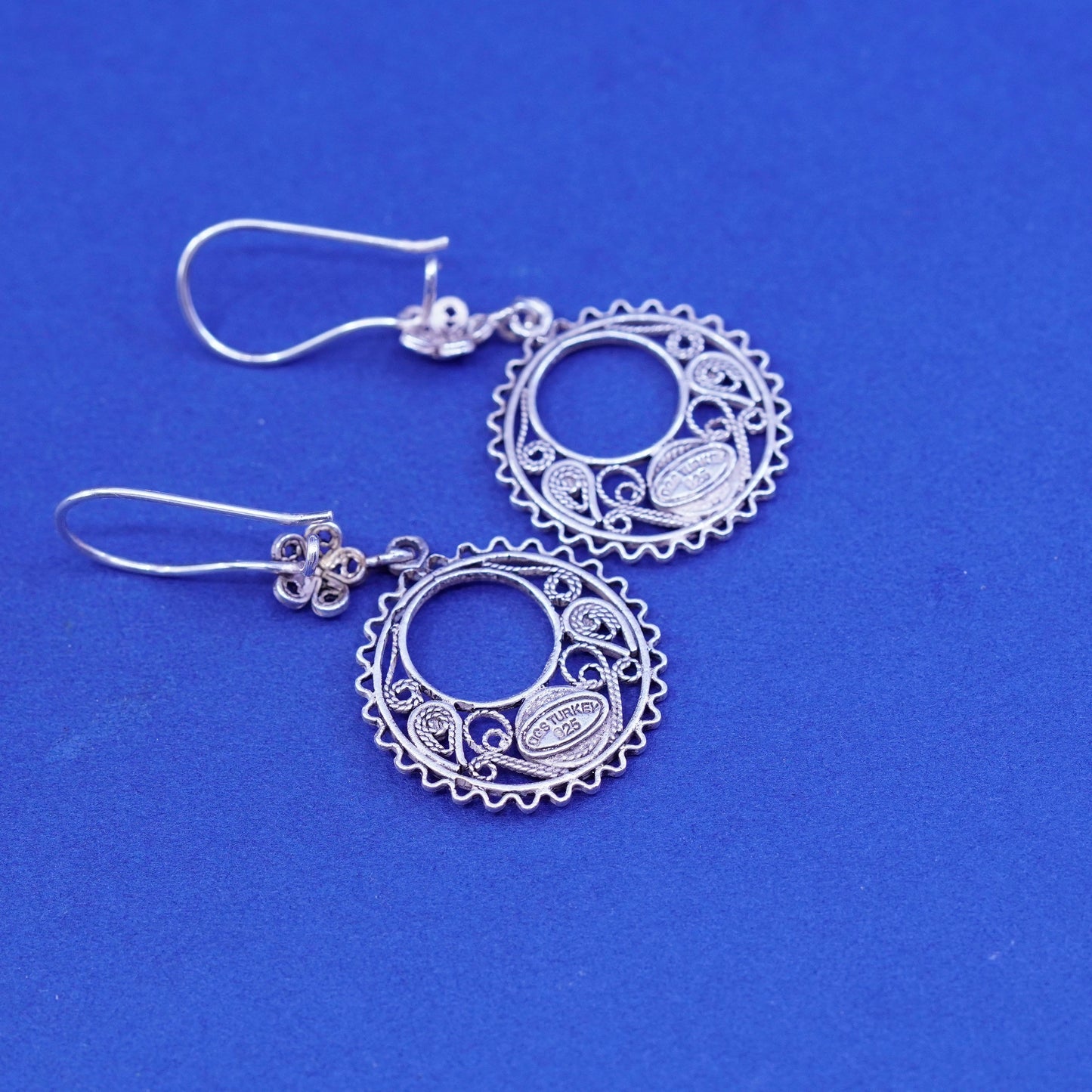 Vintage DCS sterling silver handmade earrings, 925 filigree round dangles