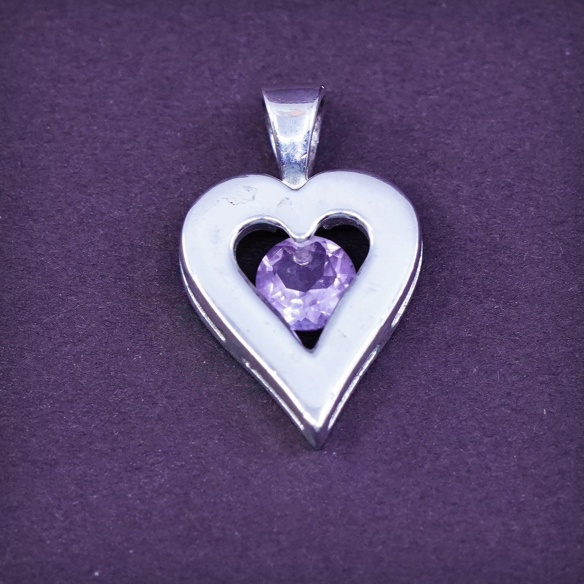 Vintage Sterling silver handmade pendant, 925 heart with amethyst
