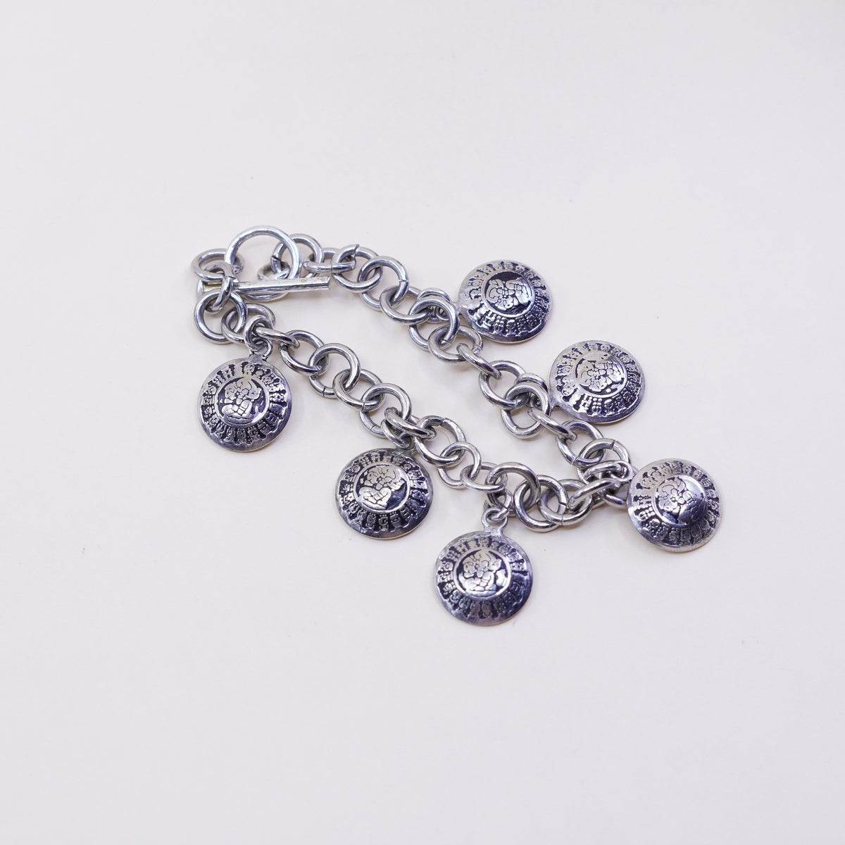6.25”, sterling silver handmade bracelet, 925 chain w/ Mayan calendar charms