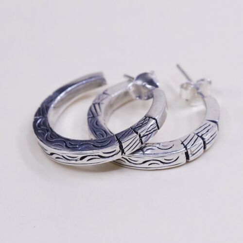 1”, Vtg 925 Sterling Silver Handmade Hoop Earrings, 925 Studs Textured huggie