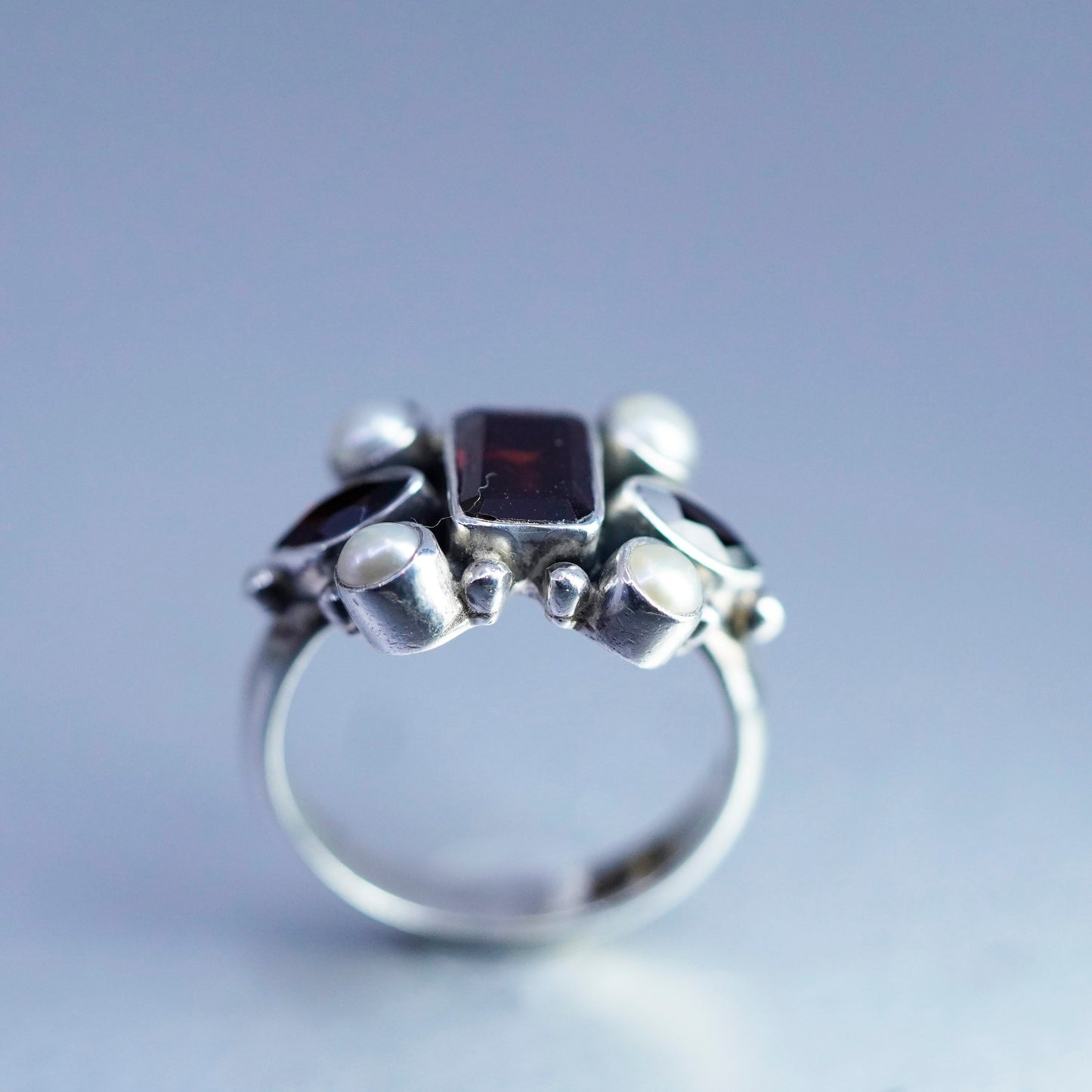 Size 6.25, vintage Sterling 925 silver handmade ring with ruby and pearl around