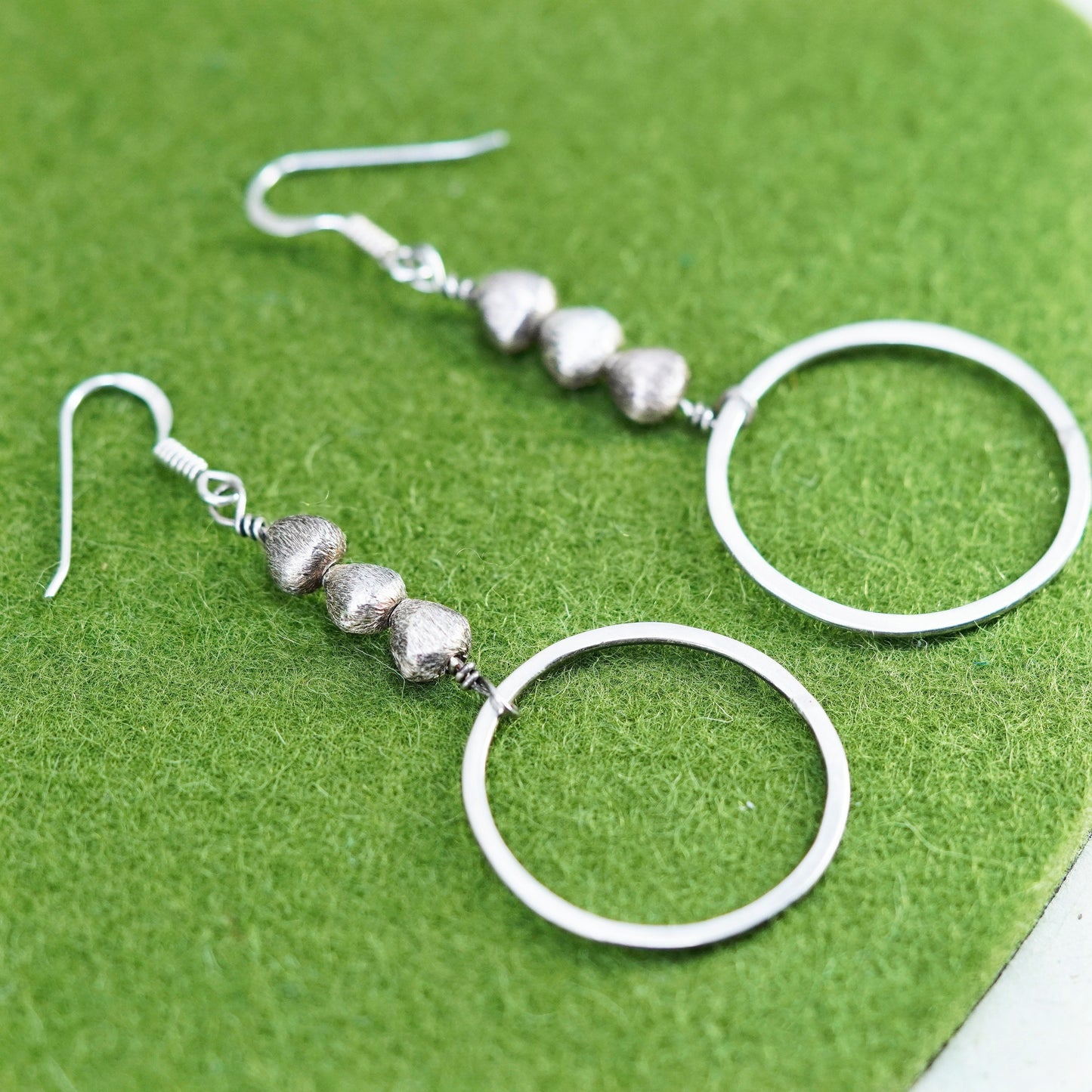 Vintage sterling silver handmade earrings, 925 matte circle dangles with beads