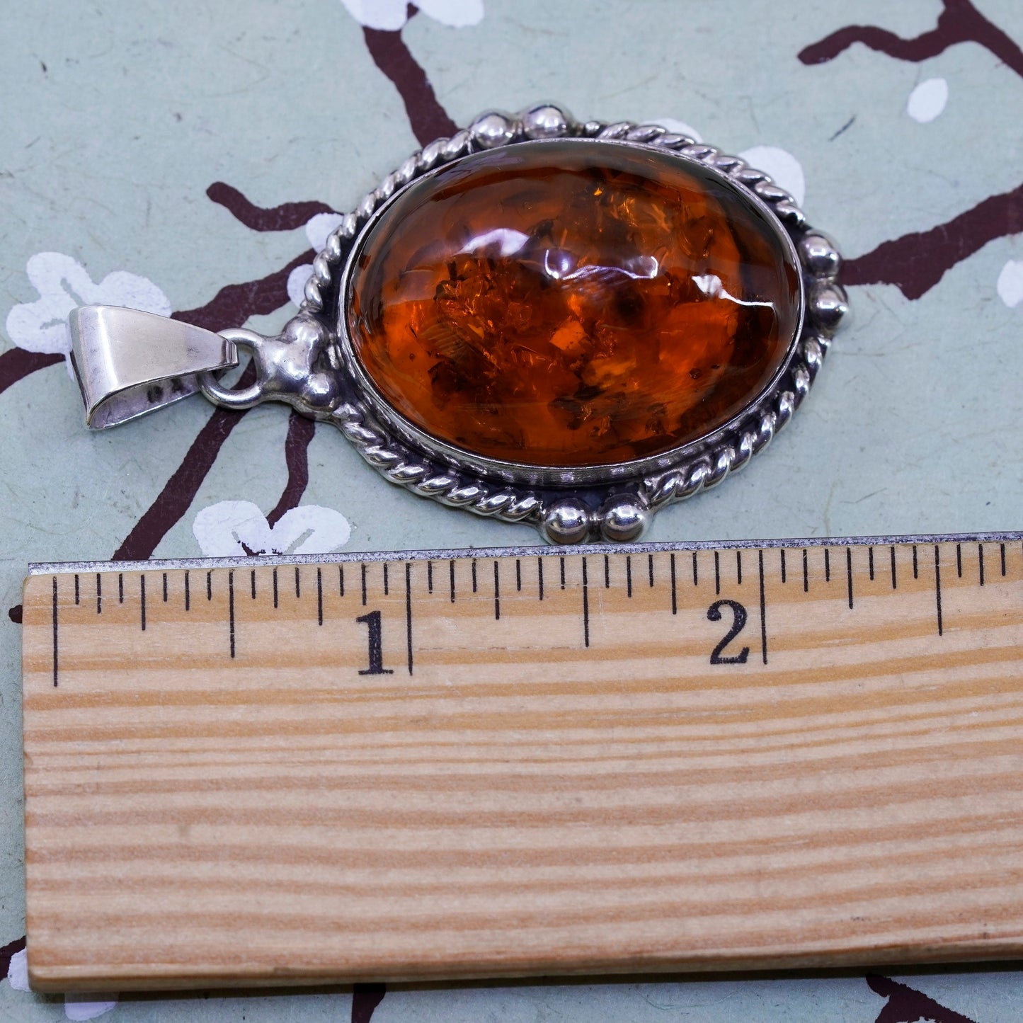 Vintage modern Sterling 925 silver handmade pendant with huge Amber and beads