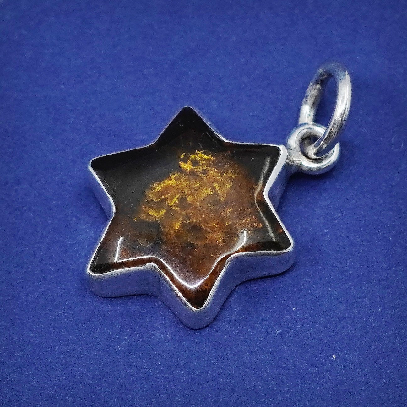 Vintage Sterling silver handmade pendant, 925 hexagram star amber charm