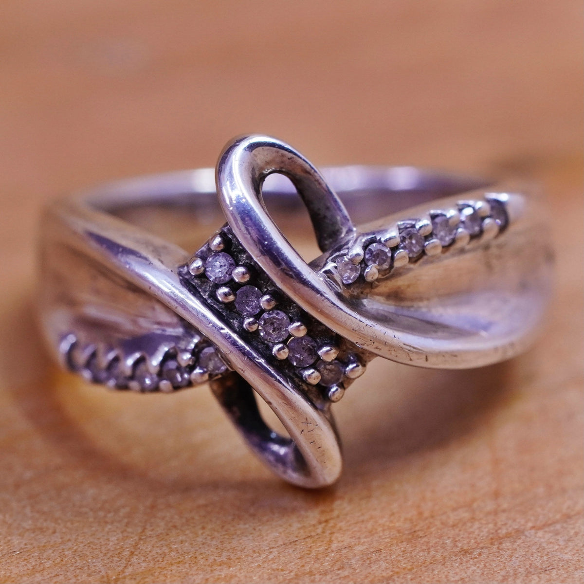 Size 5.5, vintage sterling 925 silver entwined with genuine diamond inlay