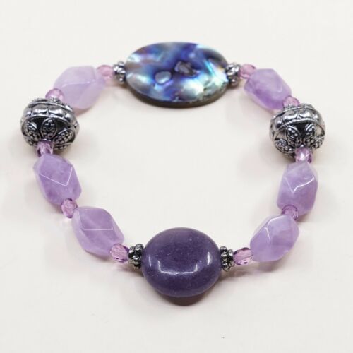7”, Vtg Amethyst Elastic Bracelet W/ Bali Sterling 925 Silver Beads N Abalone
