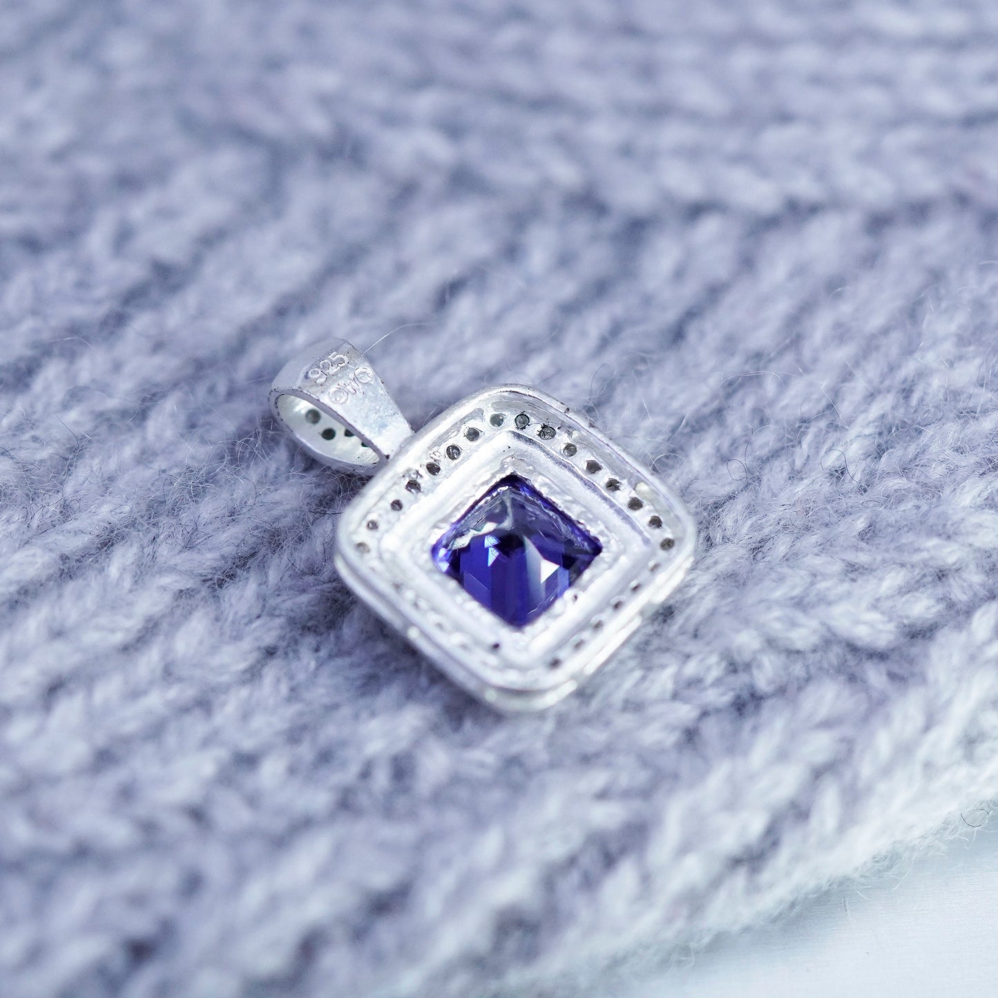 Vintage sterling 925 silver square pendant with amethyst and Cz