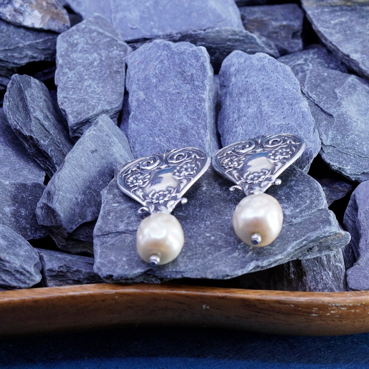 Antique T Foree sterling silver earrings, 925 clip on textured heart pearl
