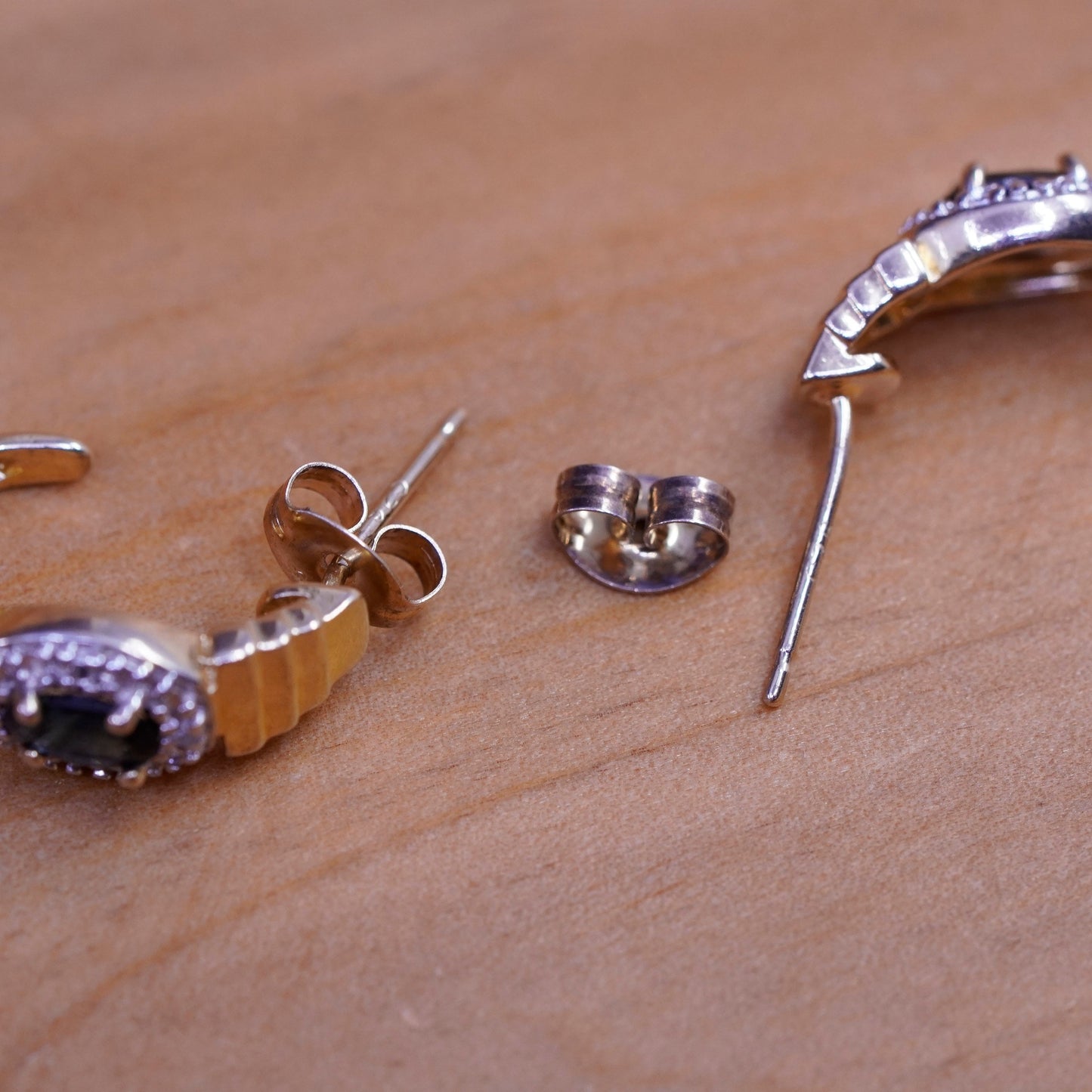 0.75”, vermeil gold Sterling silver earrings, 925 huggie studs sapphire diamond