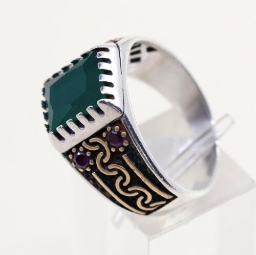 Sz 11 Vtg Two Tone Sterling 925 Silver Handmade Statement Ring W/ Emerald N Ruby