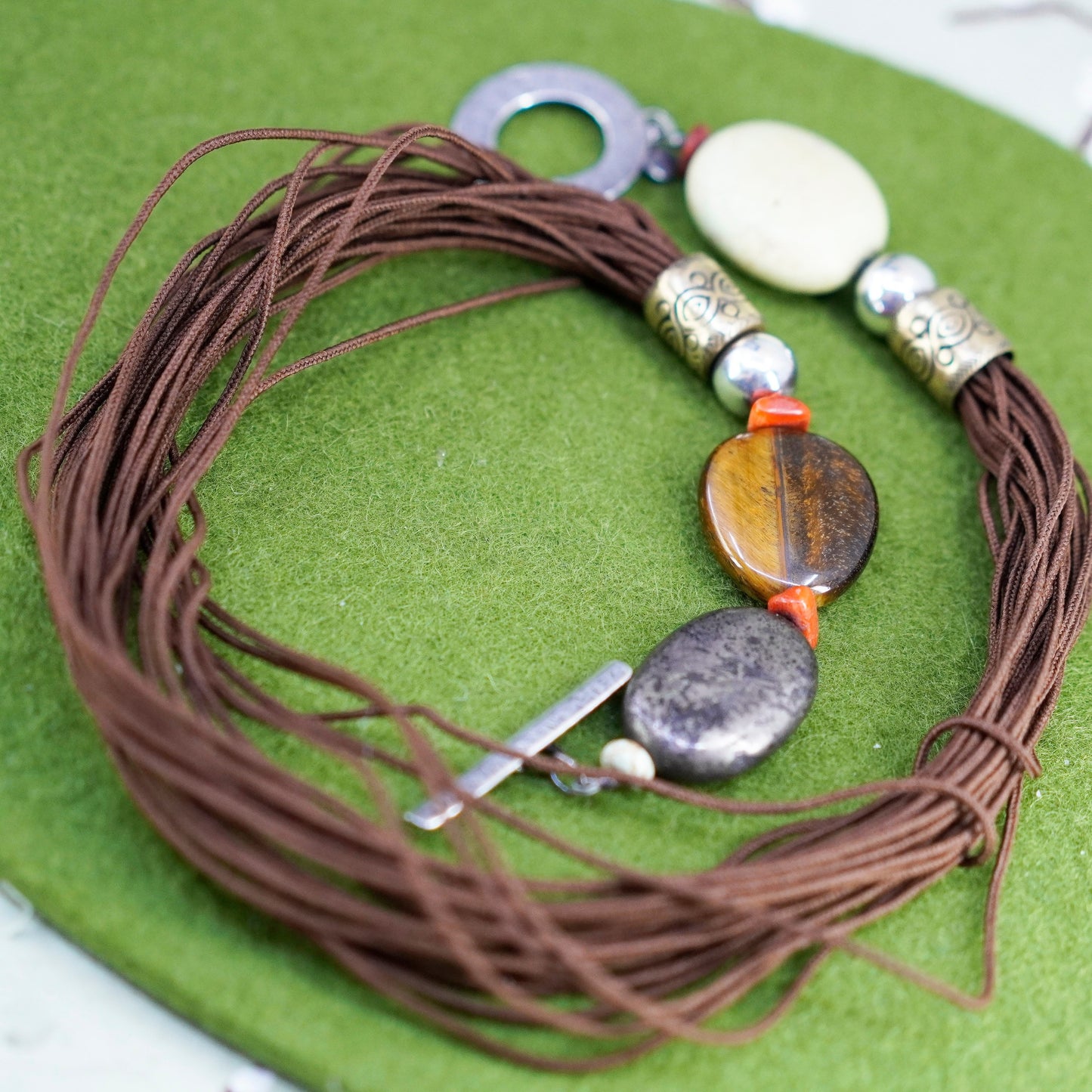 18”, Silpada Multi Cord Necklace N1891 Sterling Brass Tigers Eye Howlite