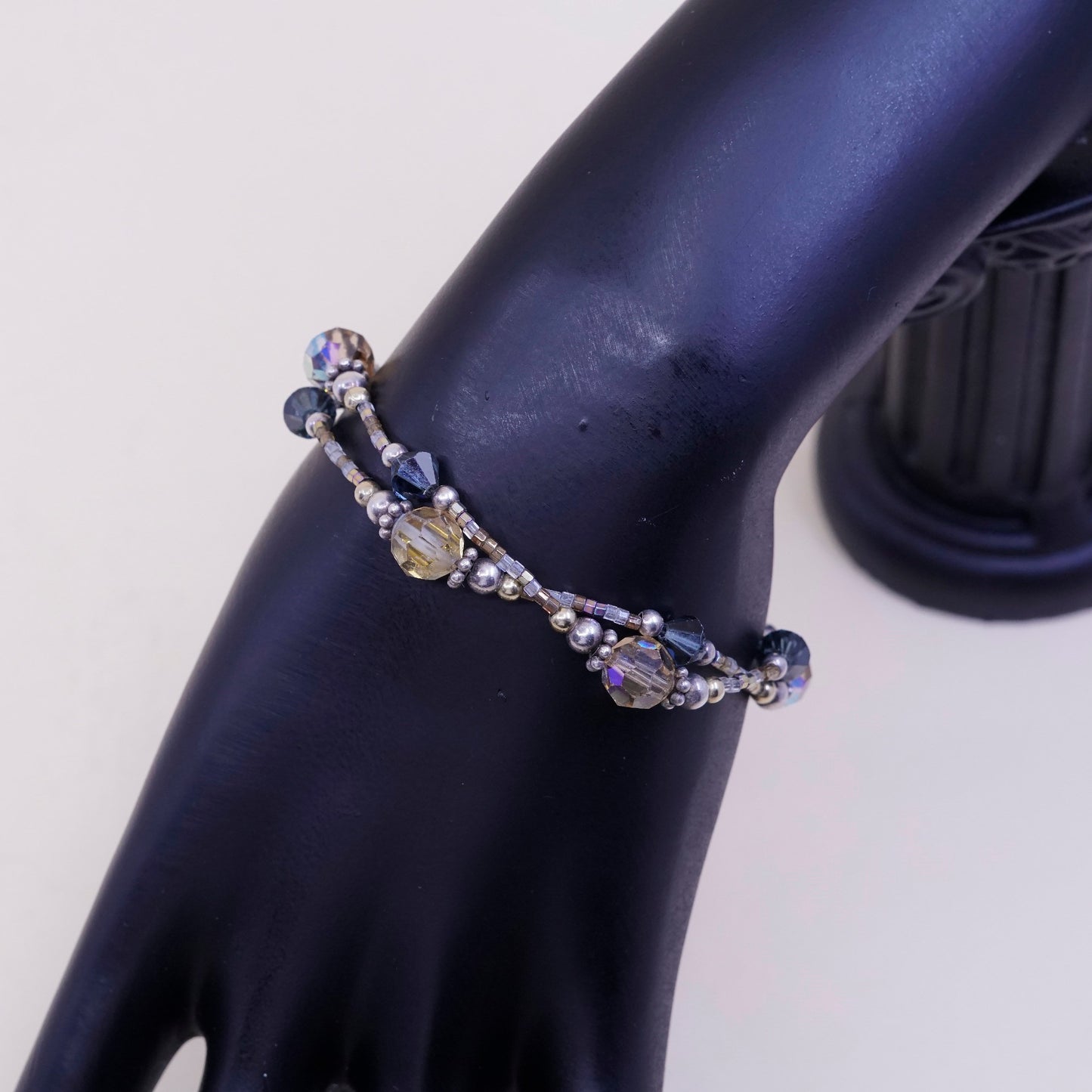 6.75”, sterling 925 silver bracelet w/ topaz crystal beads N cross heart charms