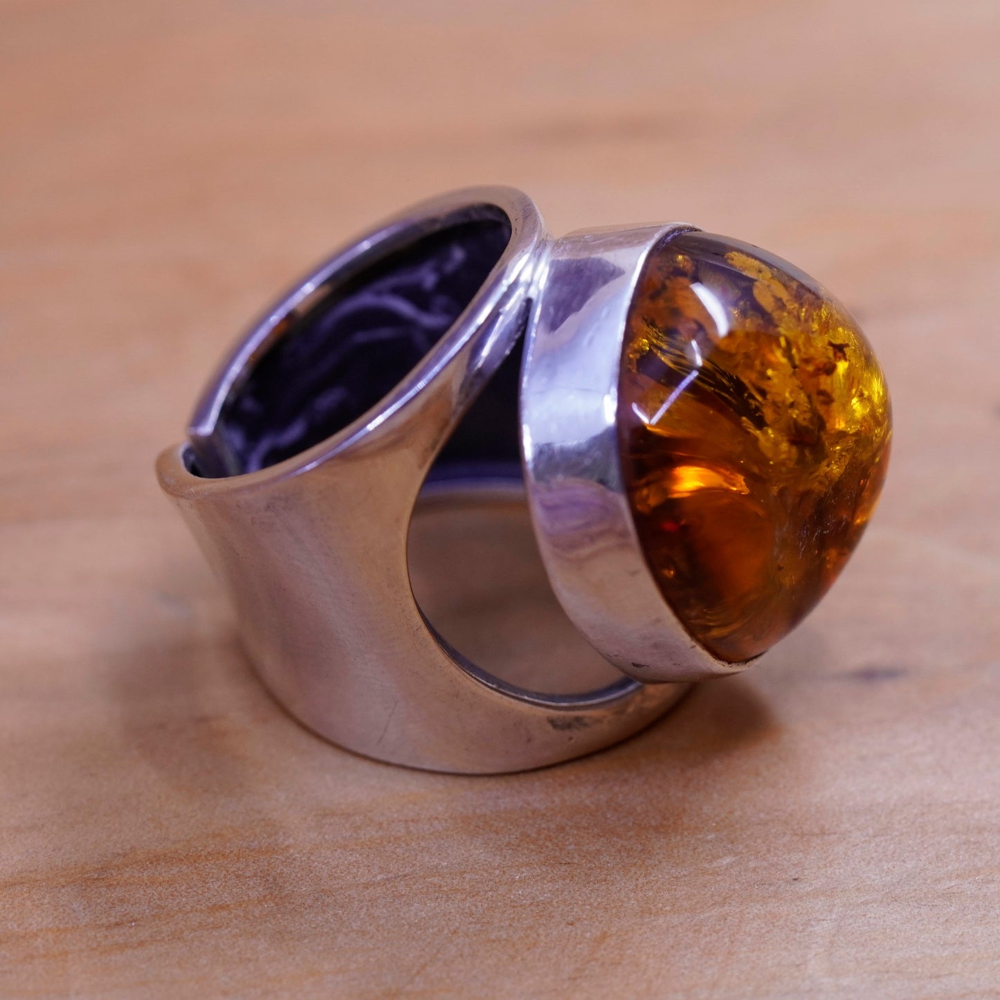 Size 8.5, vintage Sterling 925 silver handmade modern statement ring with amber