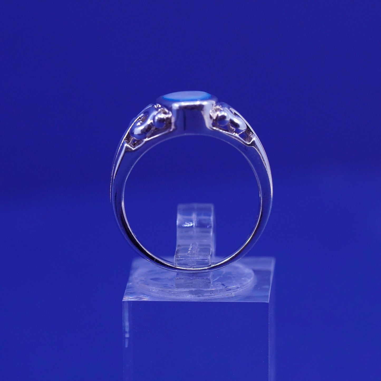 Size 7.5, vtg Sterling 925 silver handmade filigree ring blue mother of pearl