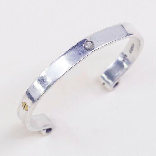 6.25”, Vtg Two Tone Sterling Handmade Cuff, Mexico 925 Silver Bracelet