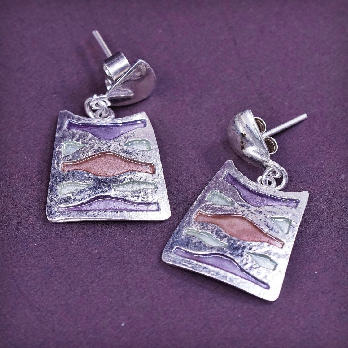 Two tone Native American handmade sterling silver earrings, wavy 950 CMILF