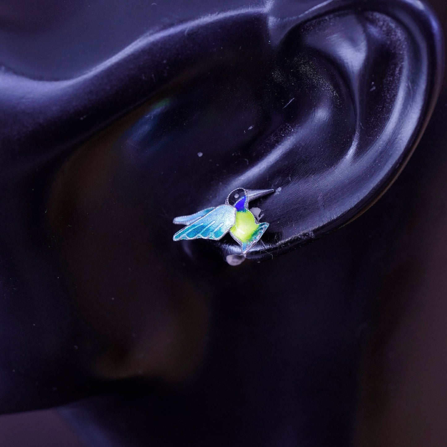Vintage Sterling silver handmade earrings, 925 enamel hummingbird studs