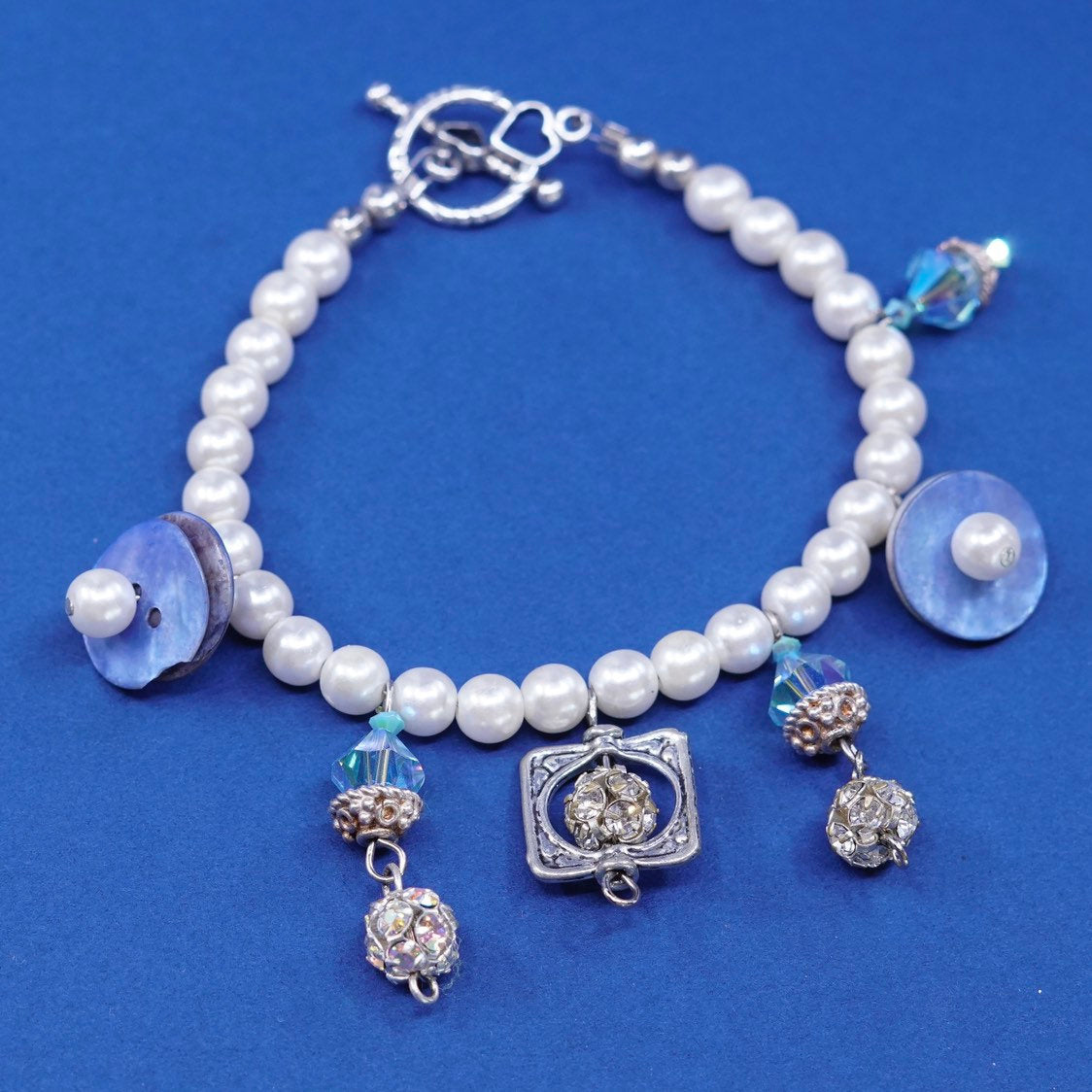 7.25", vtg sterling silver handmade bracelet, pearl 925 beads N toggle closure
