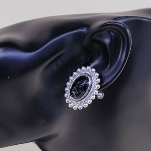 Vtg Sterling 925 Silver Handmade Screw Back Earrings W/ Carved obsidian Warrior