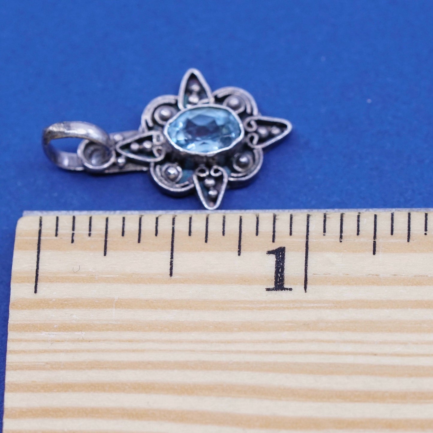 Vintage sterling 925 silver handmade pendant with blue topaz and beads