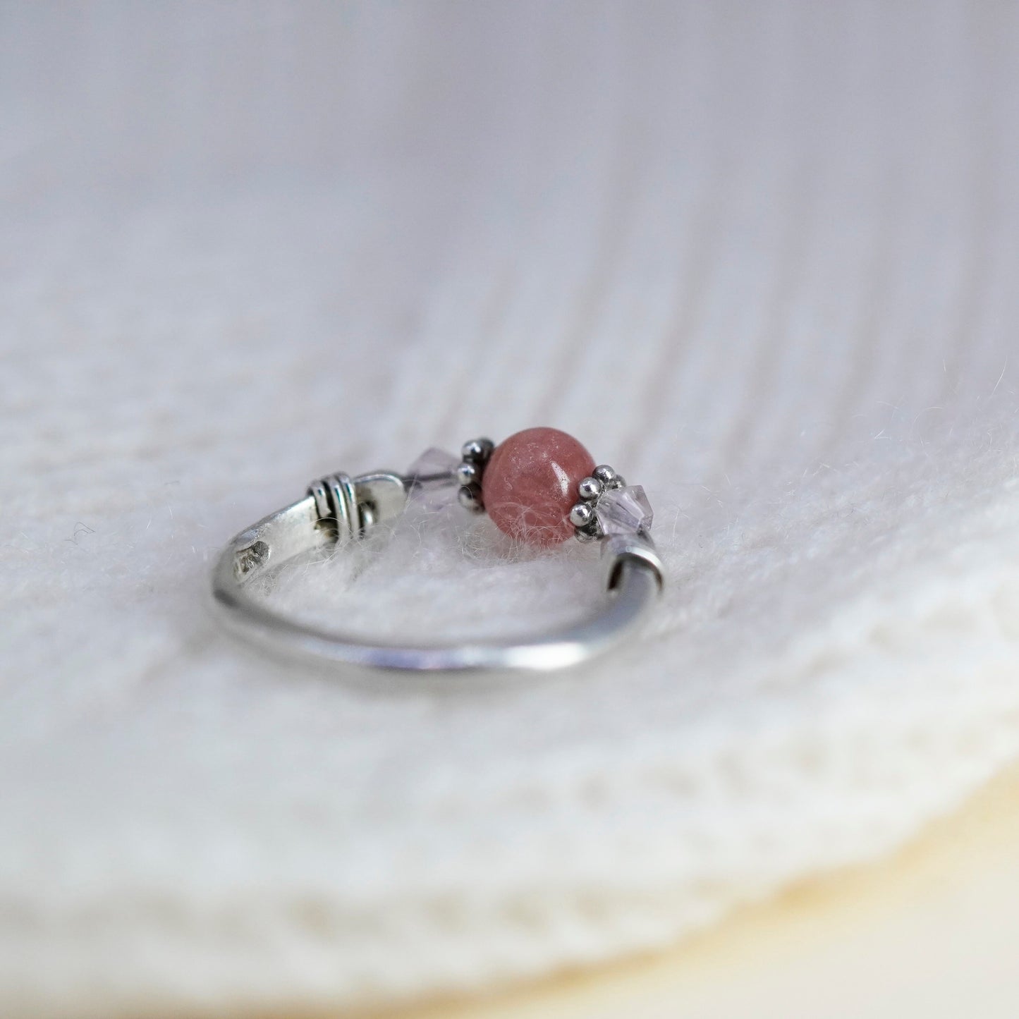 Size 5.75, Vintage sterling silver handmade ring with pink quartz bead