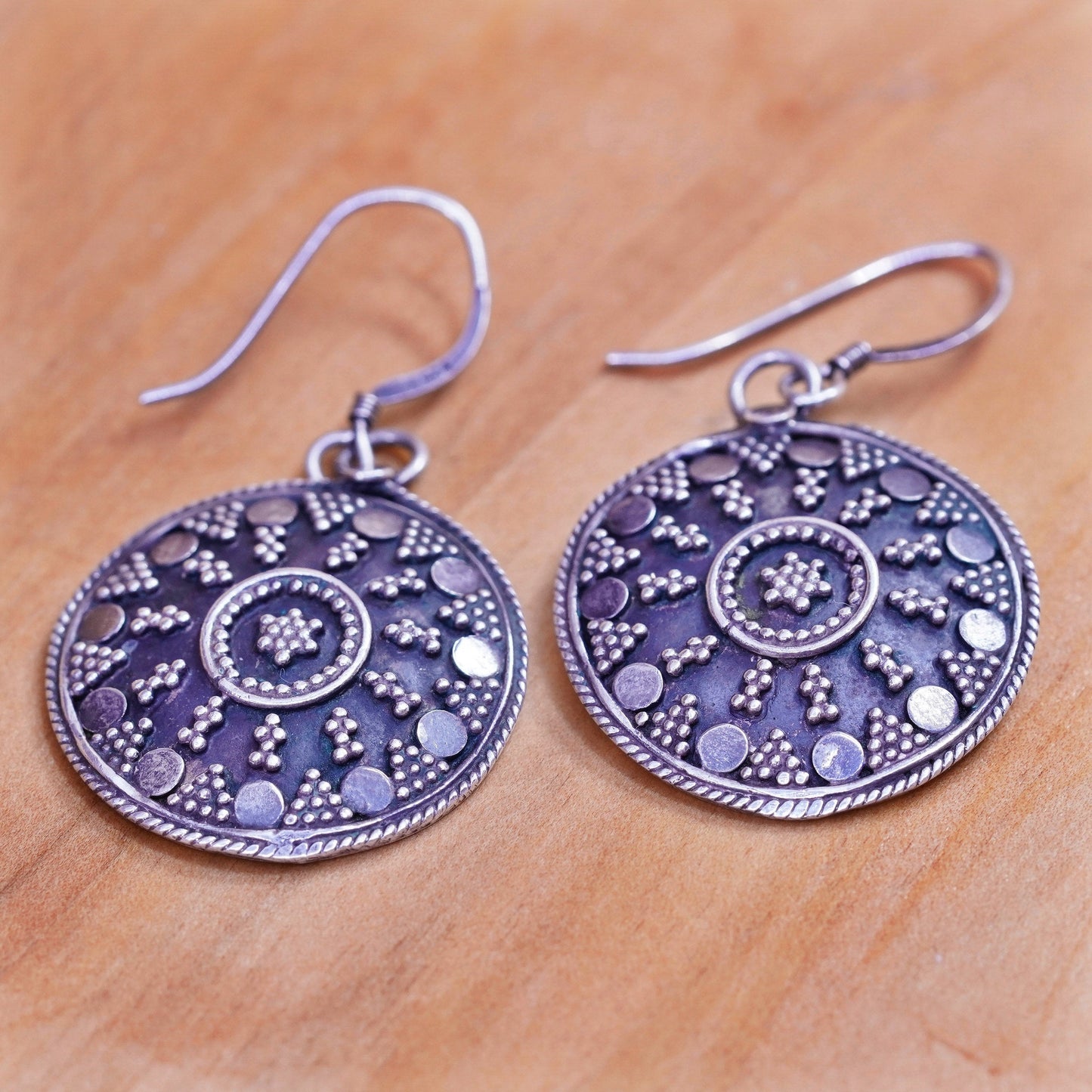 Vintage Sterling silver handmade earrings, 925 beaded disc drops