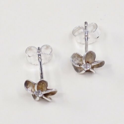 Vintage Sterling Silver Handmade Earrings, 925 Silver Flower Studs W/ Cz