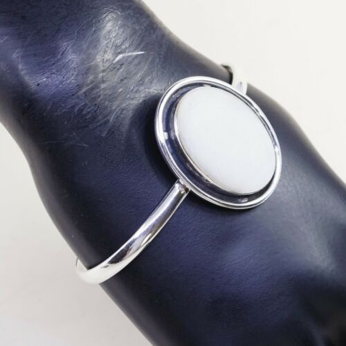 7”, Vtg Modern Handmade Sterling 925 Silver Cuff Bracelet W/ White Agate