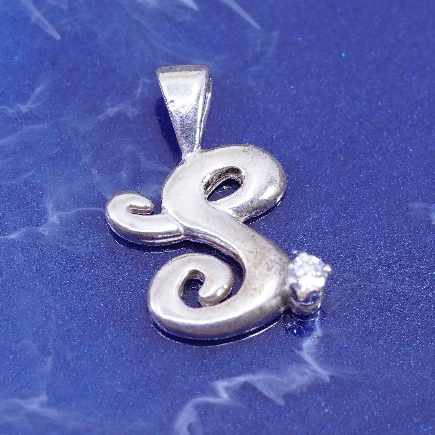 Vintage sterling silver handmade pendant, 925 initial charm letter “S” with Cz