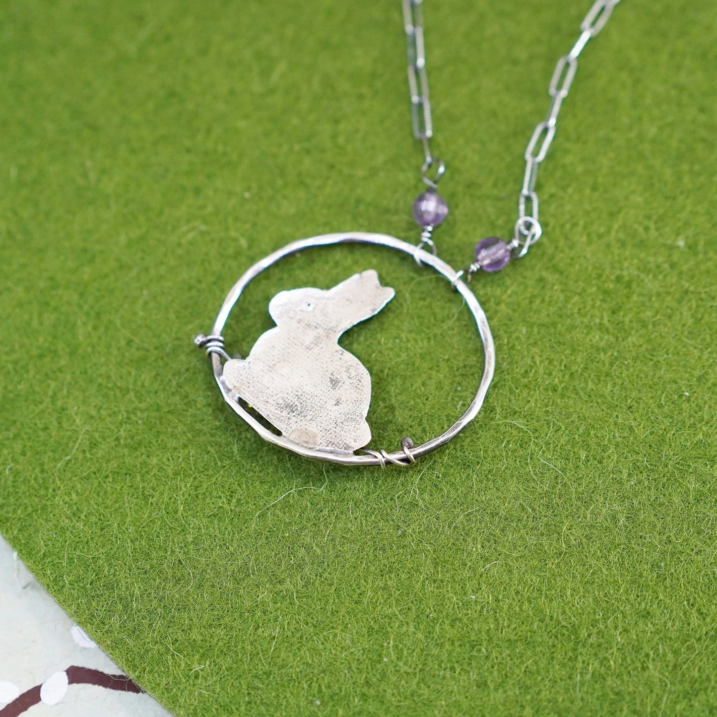 17” Sterling 925 silver necklace, elongated chain bunny rabbit pendant amethyst