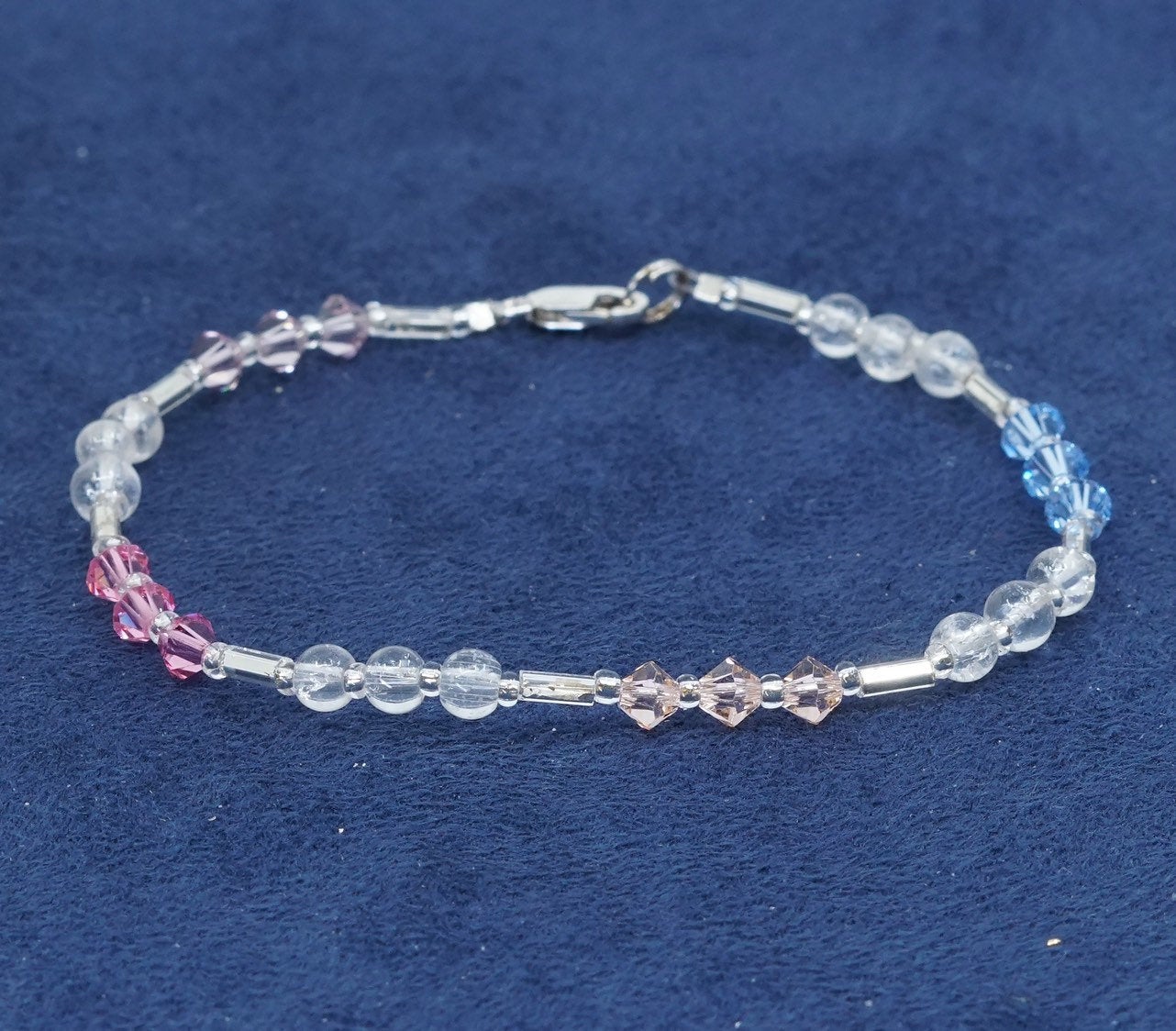 7”, sterling silver handmade bracelet, 925 circle chain w/ pink crystal beads