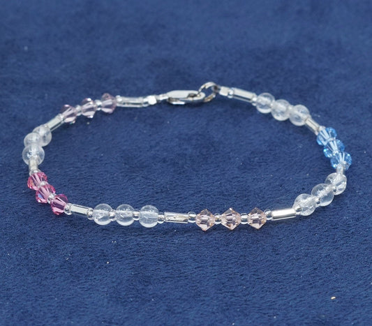 7”, sterling silver handmade bracelet, 925 circle chain w/ pink crystal beads