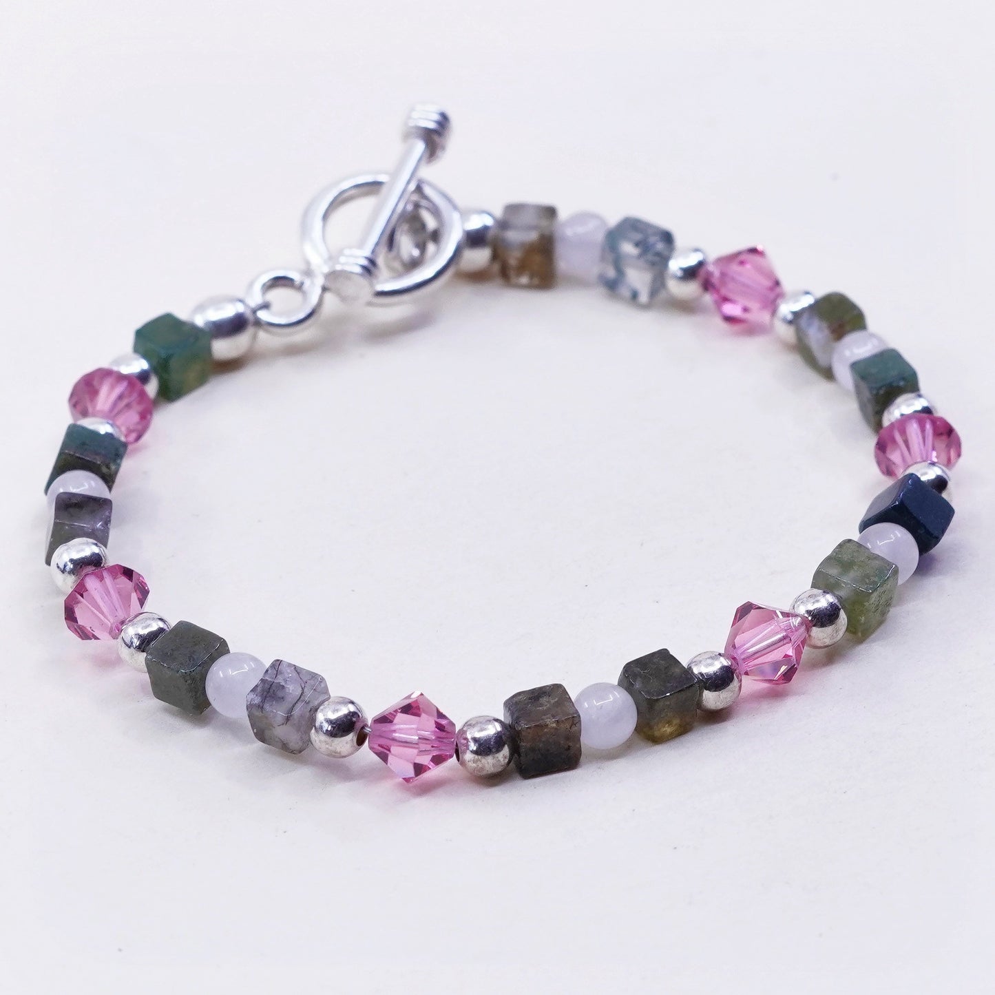 6.75”, Vintage handmade bracelet with sterling 925 silver jade quartz beads