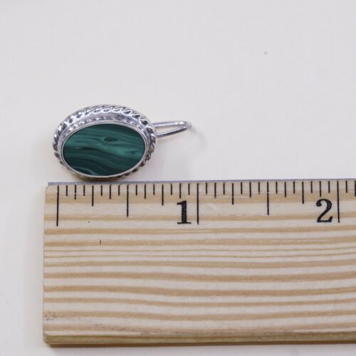 Vtg Mexico handmade Sterling Silver earrings, 925 Oval Malachite Dangles