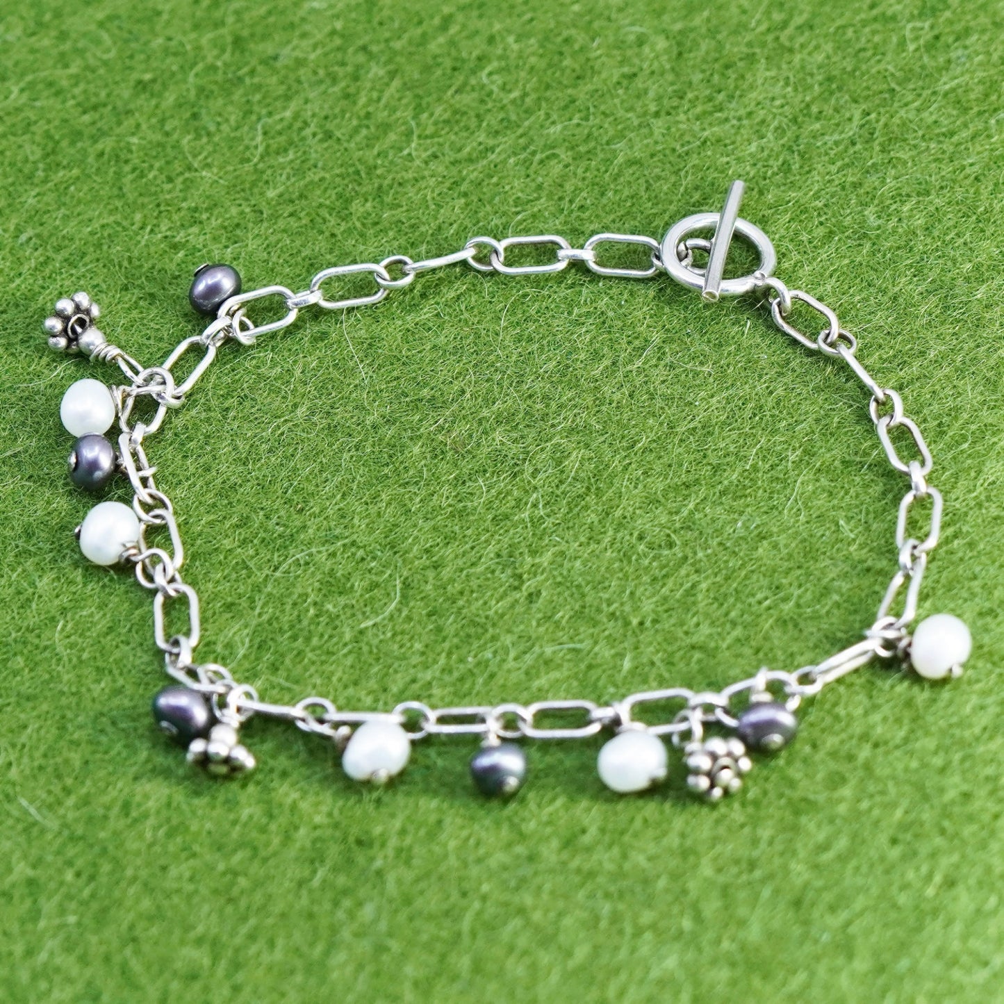 6.75”, Vintage handmade bracelet, elongated chain with freshwater pearl beads