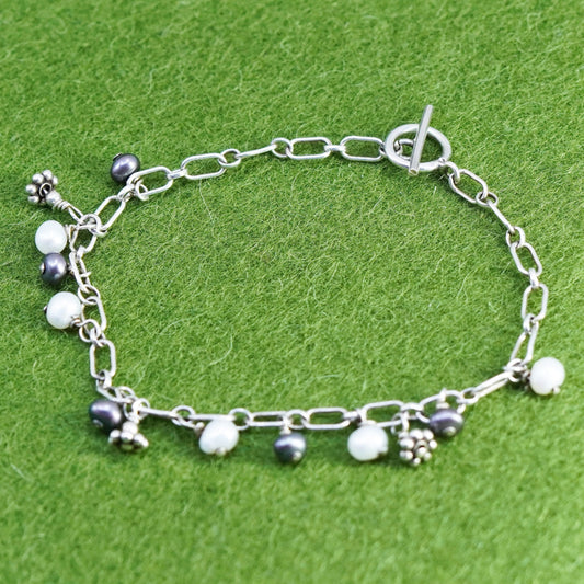 6.75”, Vintage handmade bracelet, elongated chain with freshwater pearl beads