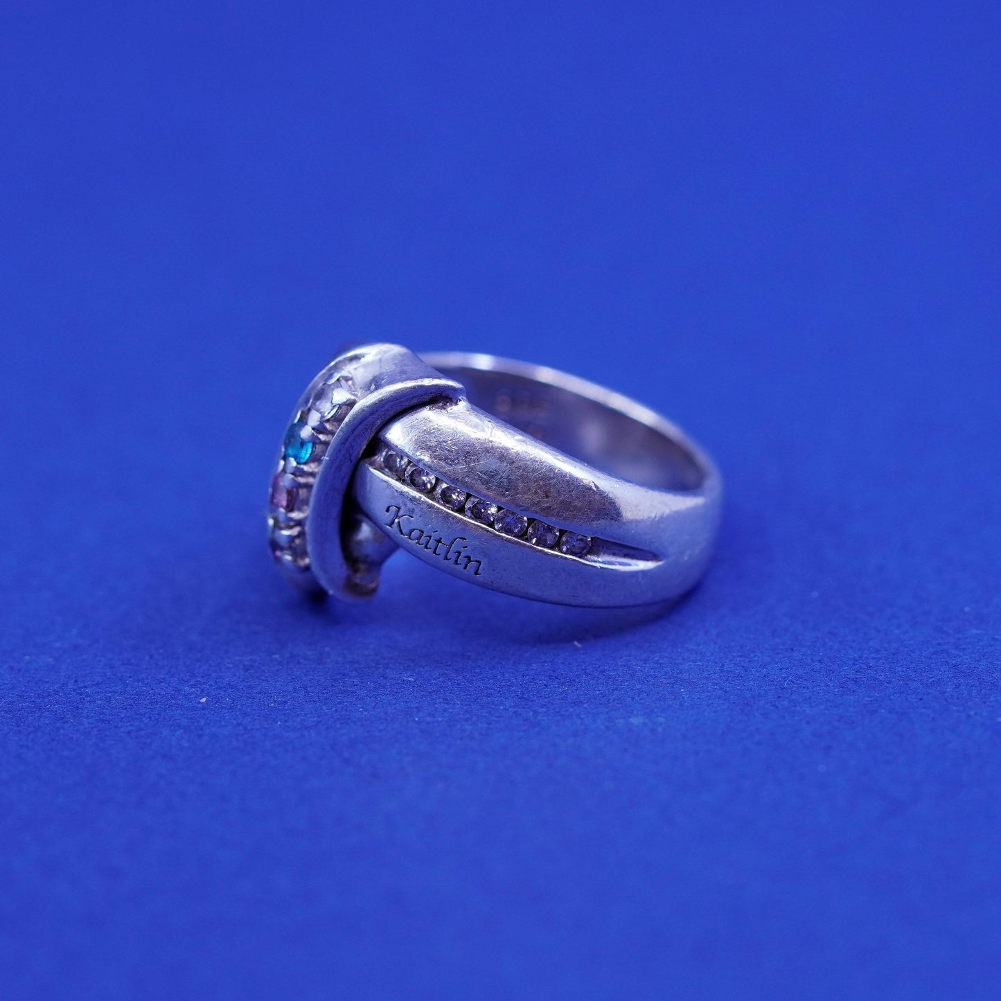 sz 6.25, Sterling 925 silver engagement ring blue pink crystal “Johnny Kaitlin