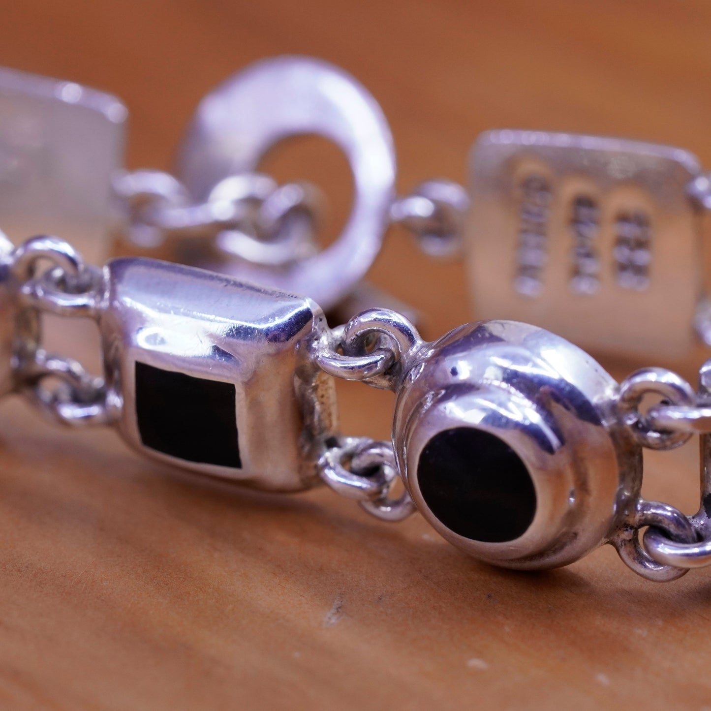7”, Sterling silver handmade bracelet, Mexico 925 circle square chain with onyx