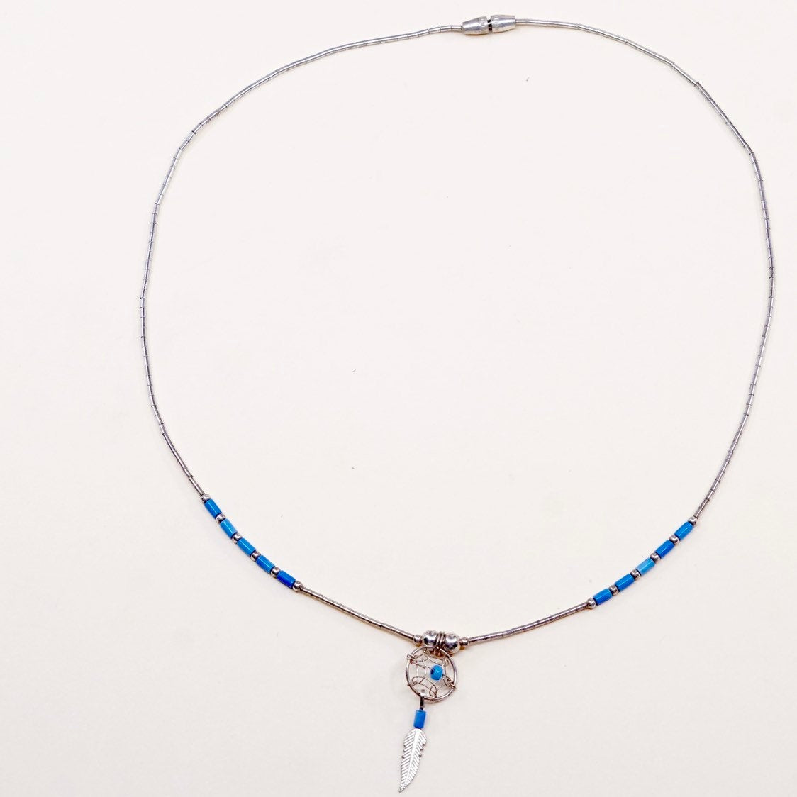 15", heishi Navajo Sterling silver necklace, 925 liquid chain turquoise feather