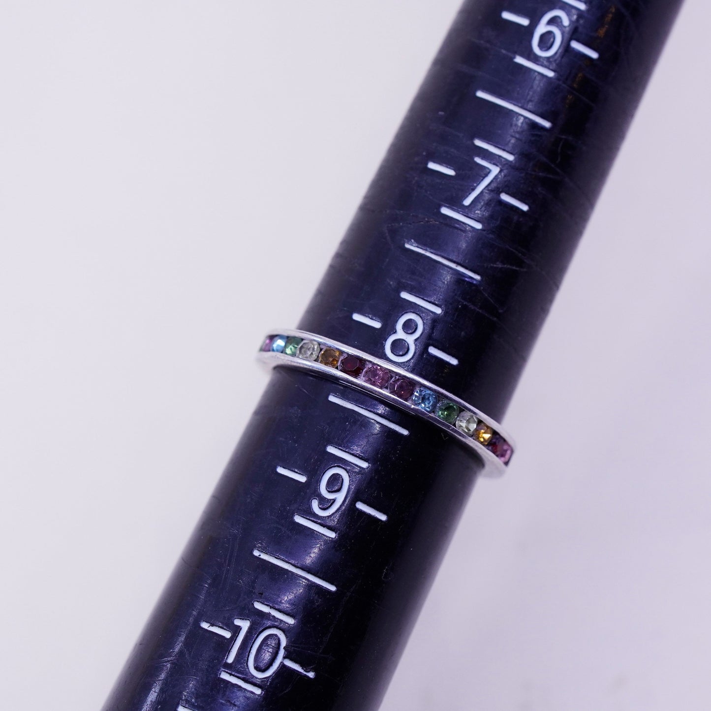 Size 8.25, Sterling 925 silver stackable ring, wedding band with colorful CZ