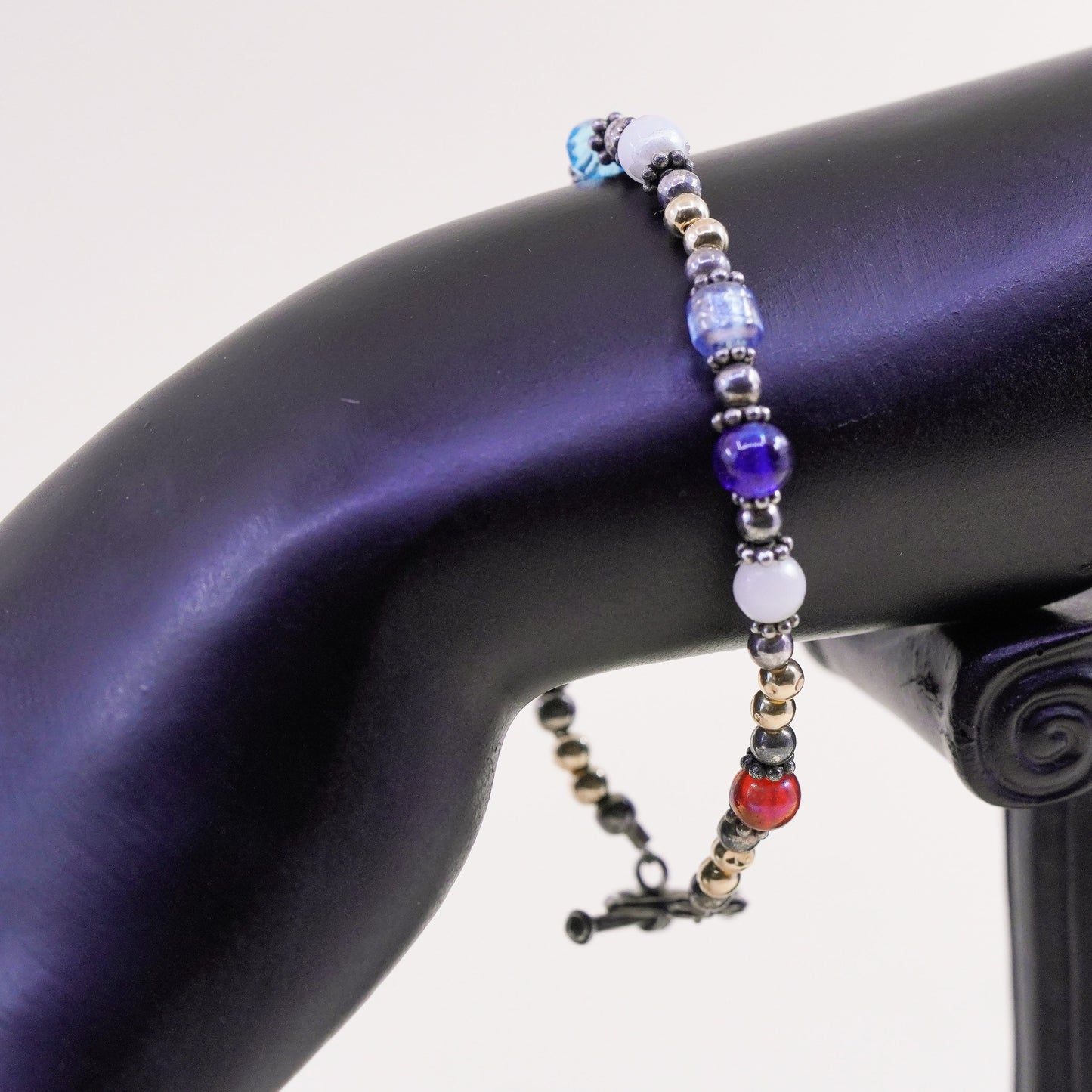 7”, Sterling 925 silver bracelet with 14K gold beads and heart toggle closure