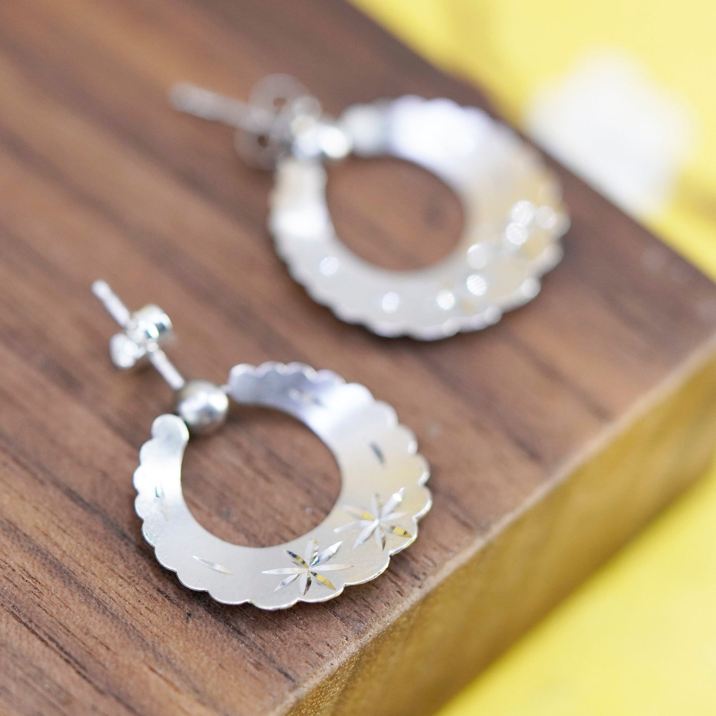 Vintage Sterling 925 silver handmade studs, earrings engraved flower