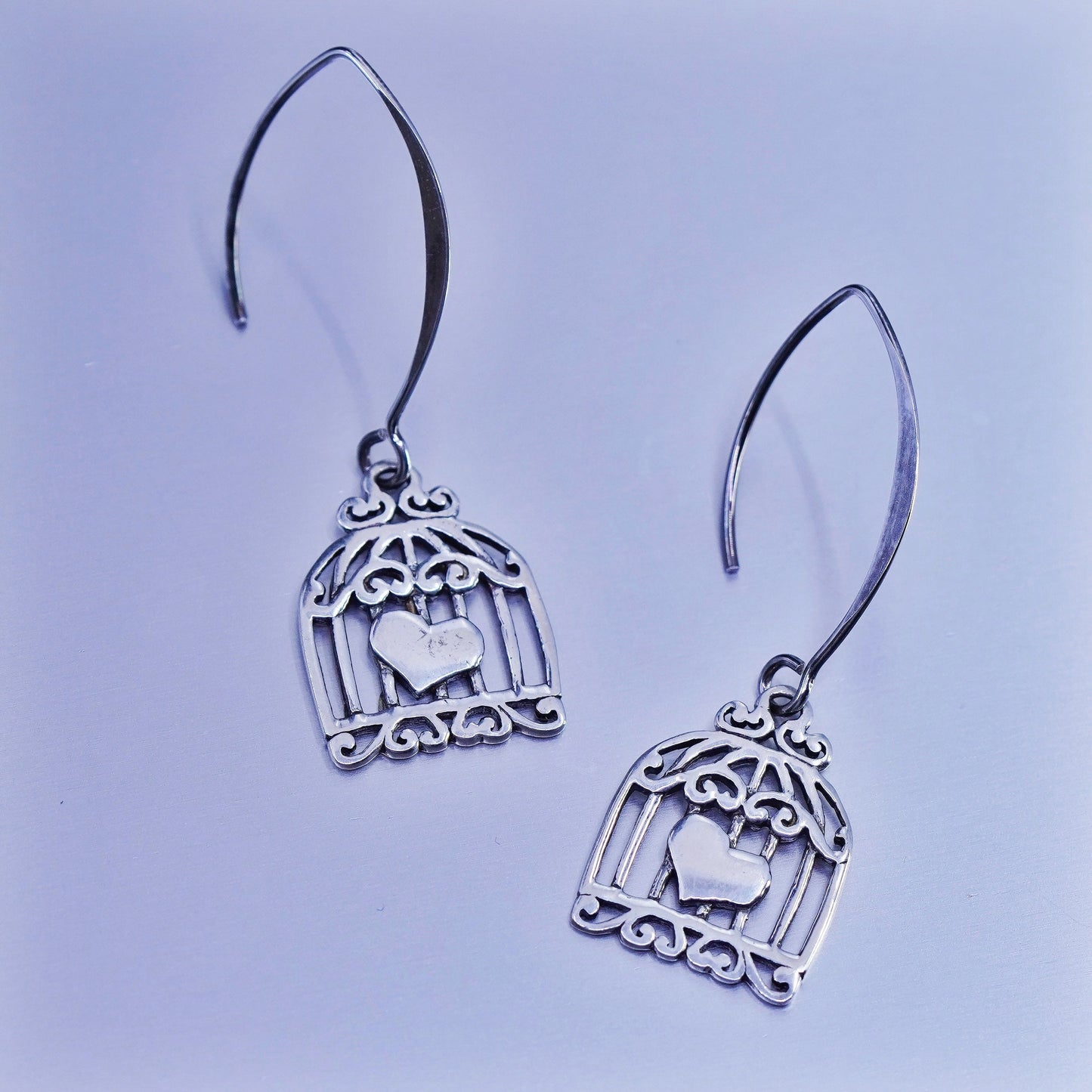 Vintage Sterling 925 silver handmade cage heart earrings